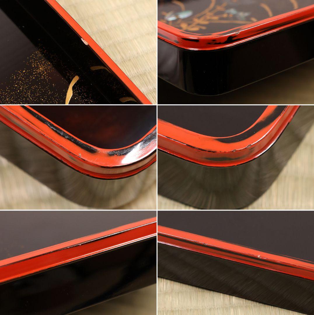 古い膳 螺鈿 流水草花 金銀蒔絵 四方膳 卓上 五客 根来 黒 木製 CM388