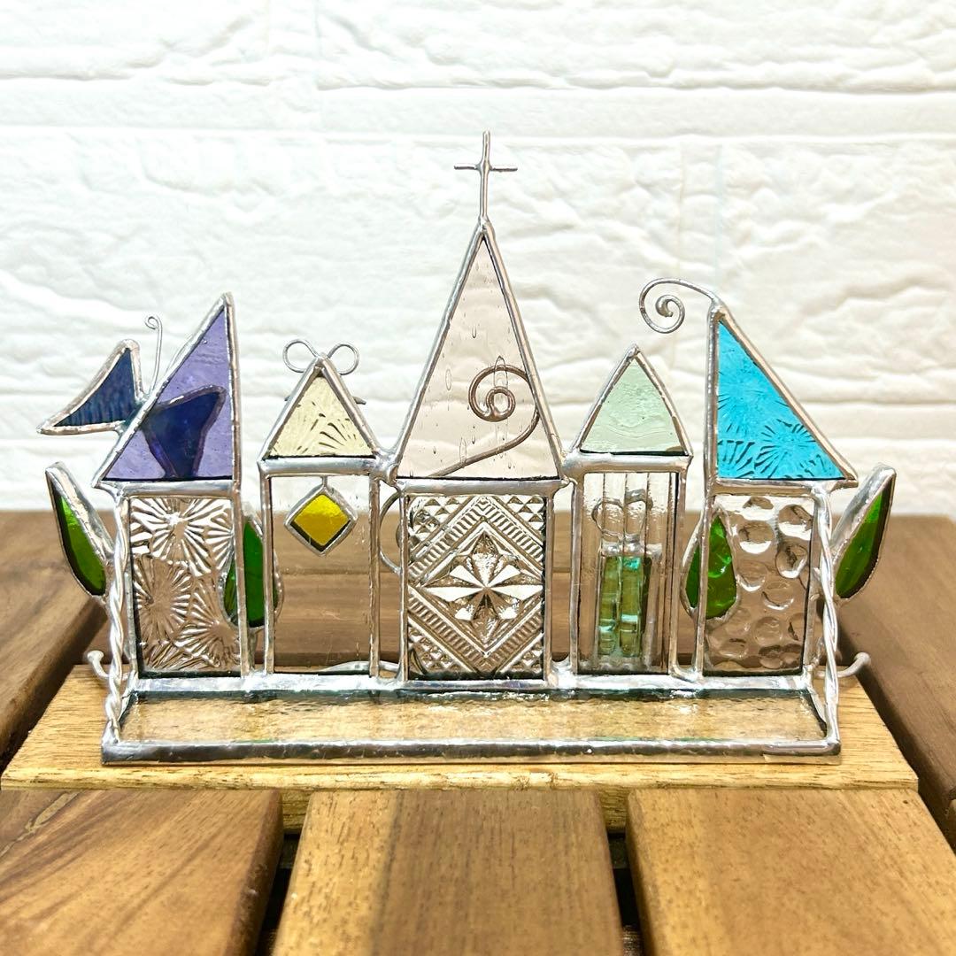 ステンドグラス(ハンドメイド) 6点おまとめ 色鉛筆、ハウス、パネル、一輪挿し