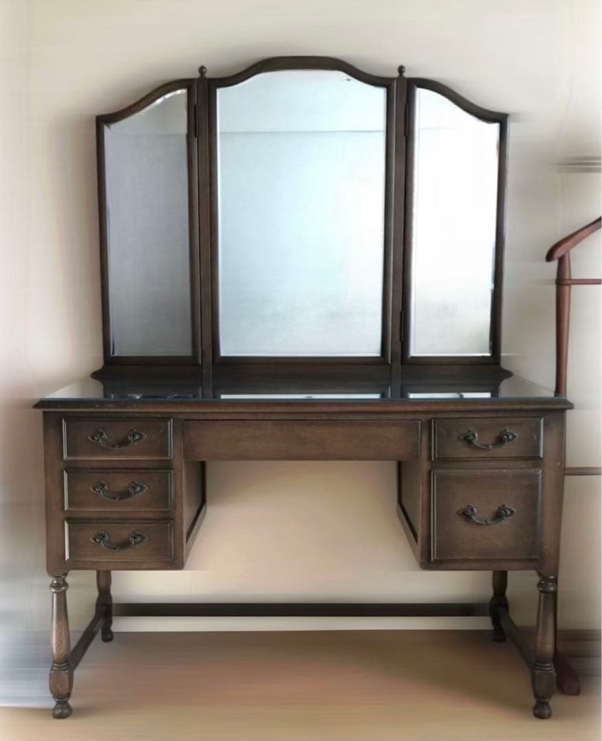 三面鏡 ドレッサー　鏡台　化粧台　ナラ材　天然木　ガラス天板　ヴィンテージ