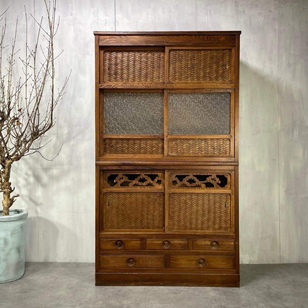 ヴィンテージ 昭和初期 ダイヤガラス 食器棚 水屋 収納 和家具 ビンテージ