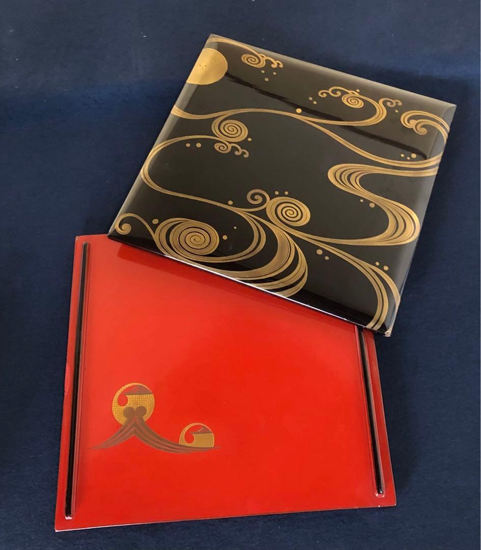 《R》黒内朱 波蒔絵 四段重 替蓋付 木製漆器 木箱　260121き6