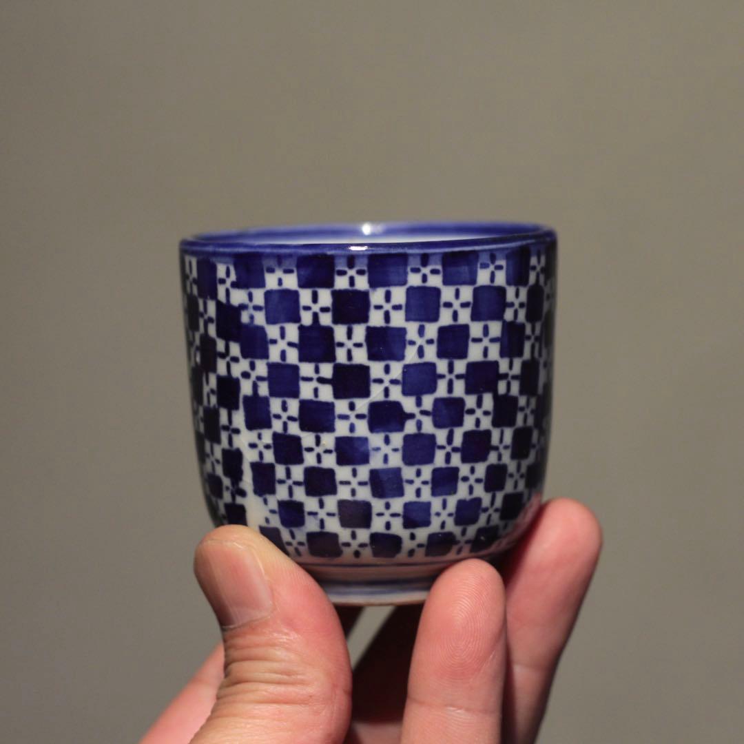 市松文様 筒盃 明治 印判 酒器 ぐい呑み 古美術 古道具 アンティーク