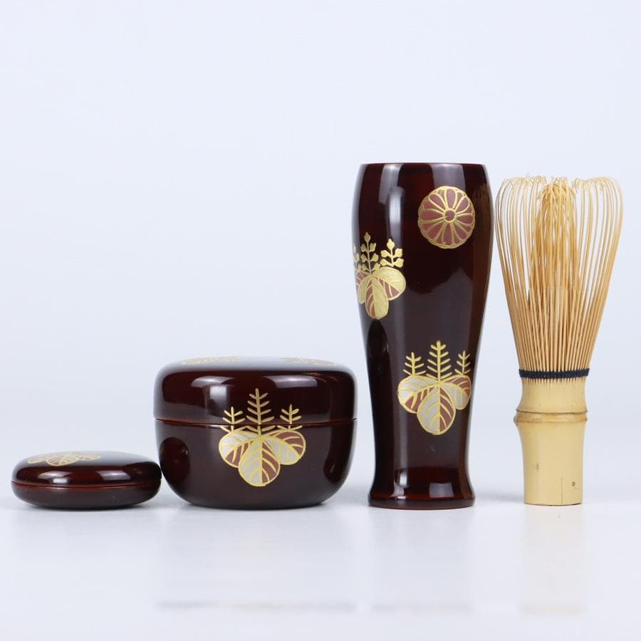 Y3104-2 高台寺蒔絵 茶箱セット 赤絵茶碗 棗 他 紙箱付　BBB