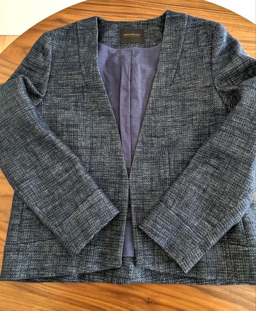 【美品】トゥモローランド ノーカラー　ツイード　ジャケット　ネイビー　38　L