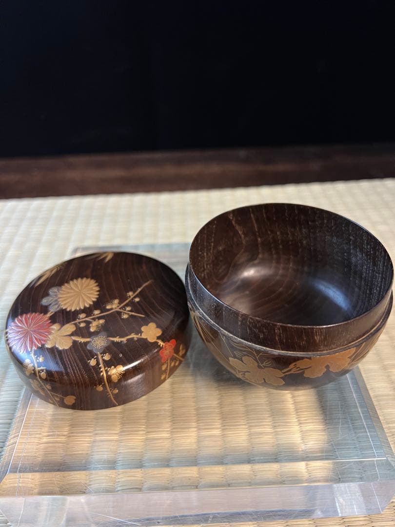 金箔装飾 木製 茶道具 棗　骨董　金蒔絵　共箱 香合 茶碗
