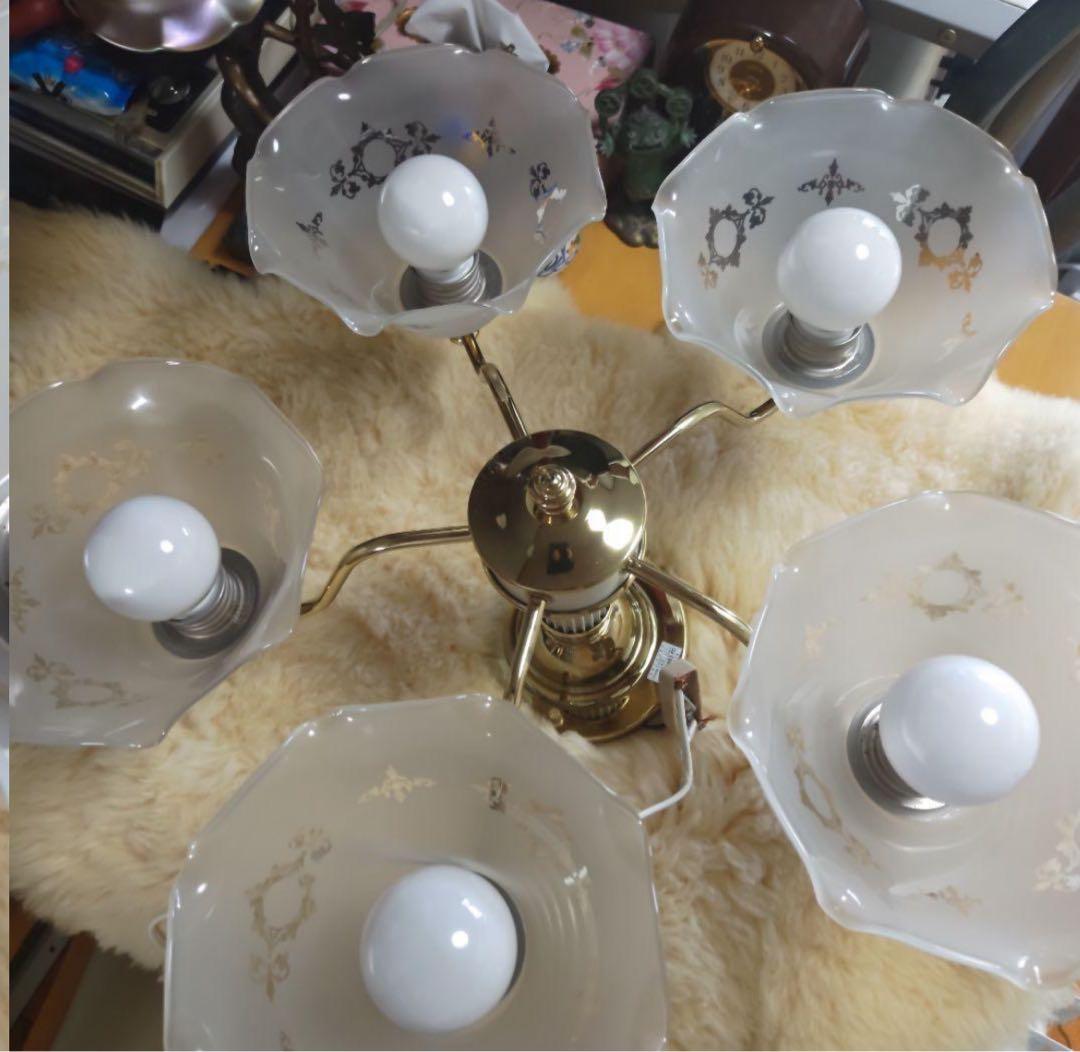 レトロ　陶器製　5灯　ガラスシェード　シャンデリア