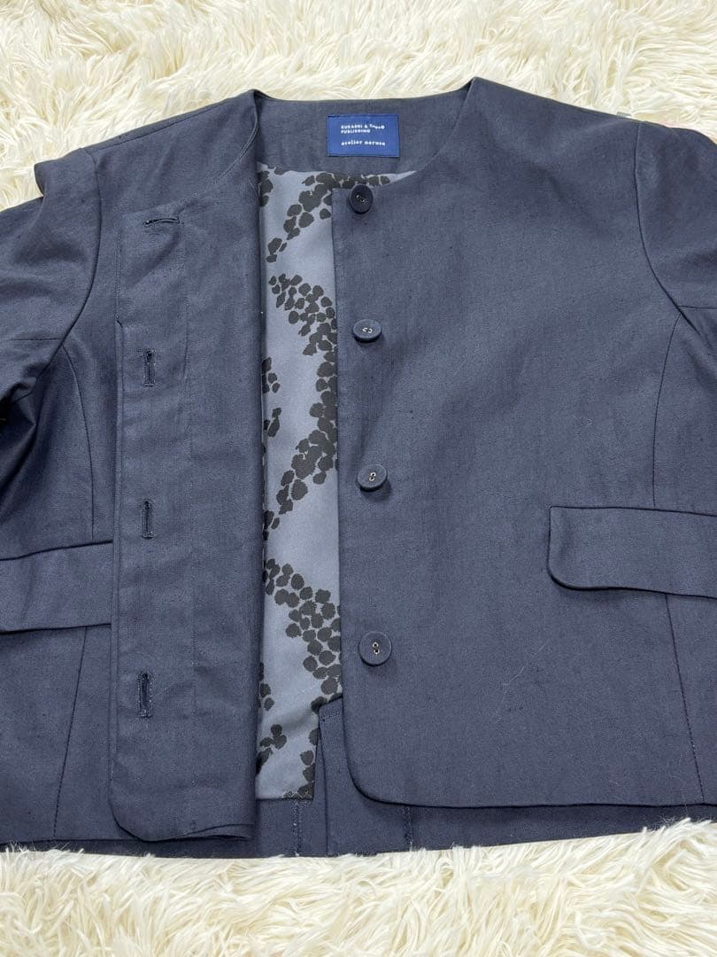 北欧、暮らしの道具店　アトリエナルセ　ノーカラージャケット　リネン　ネイビー