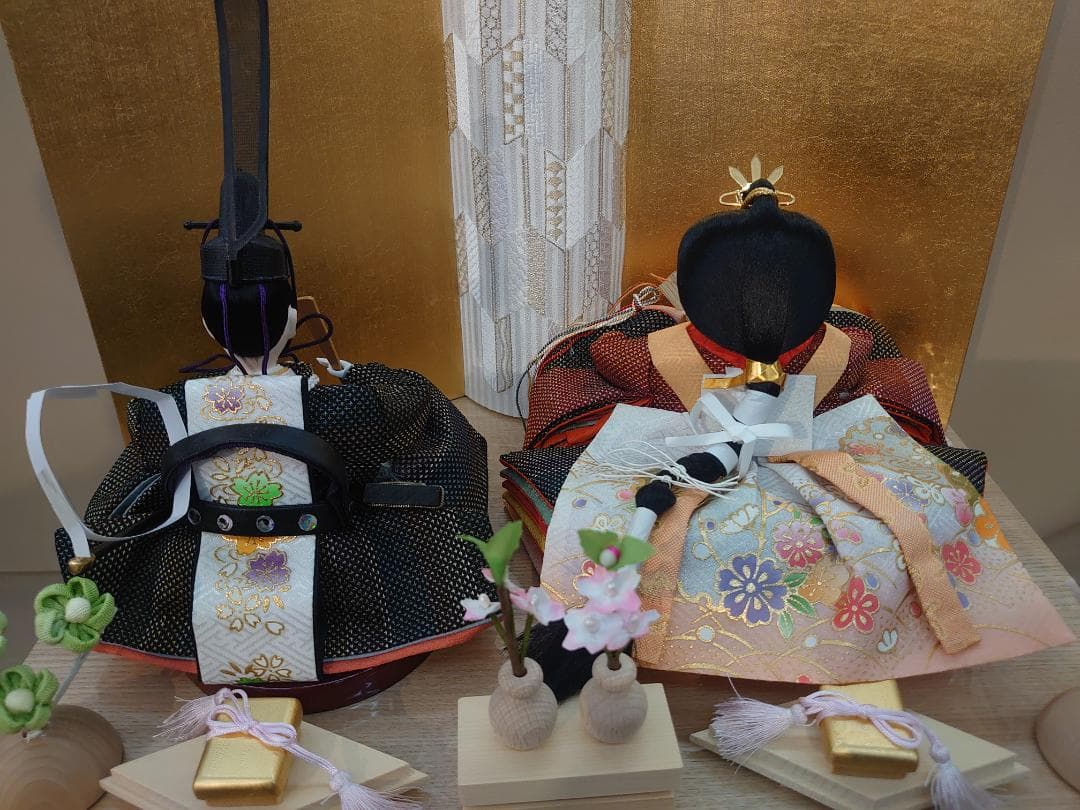 ●収納式おひなさま●　つむぎ風衣装飾り　金屏風　フルセット