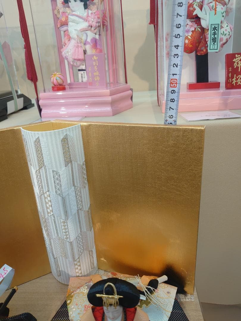 ●収納式おひなさま●　つむぎ風衣装飾り　金屏風　フルセット