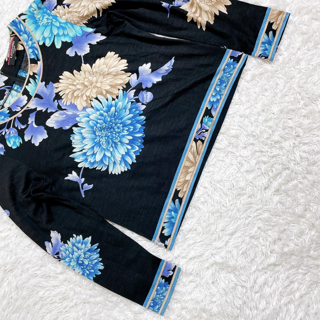 レオナール シルク混 長袖カットソー ブラック 花柄 トリム L