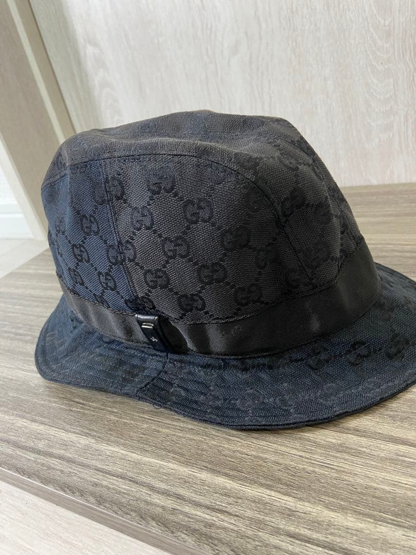GUCCI バケットハット　帽子　GG柄　キャンバス　ブラック　レザー