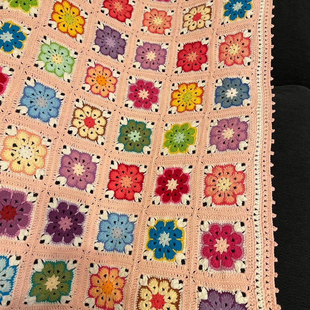 ハンドメイド　ブランケット　大判　アフリカンフラワー　モチーフ　コットン