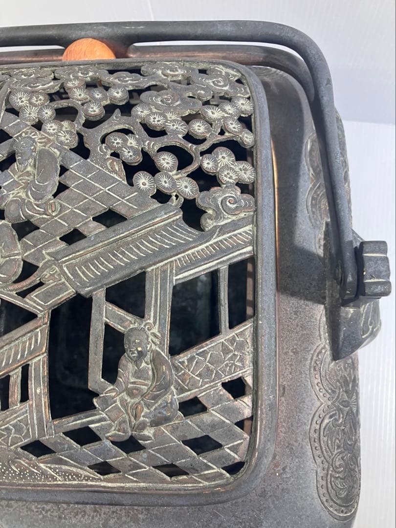 【5.8kg重厚】大明宣徳年製刻印 大型 銅製手炉 浮彫 透かし蓋 香炉 骨董品