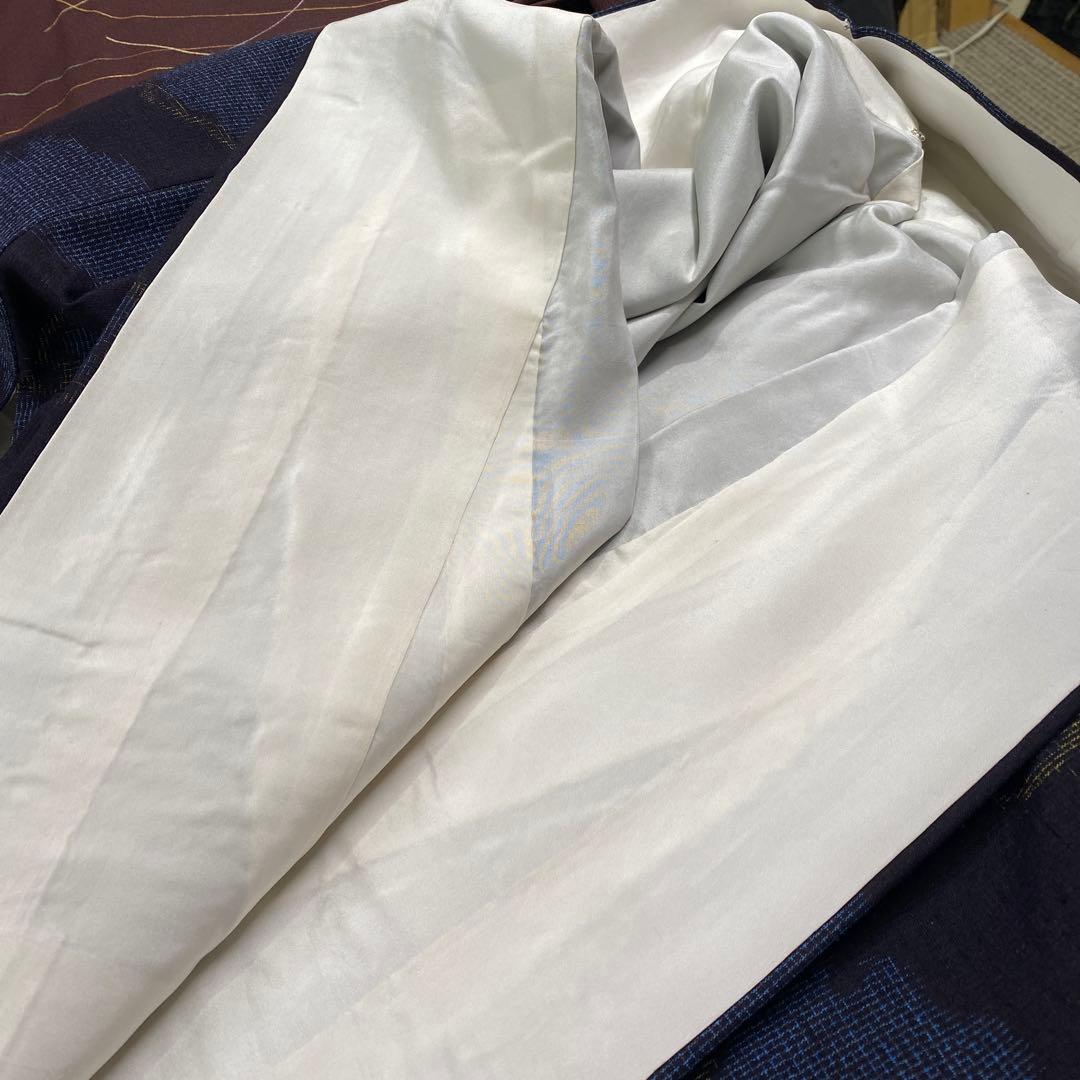 正絹　結城紬　雪輪柄　黒、青、黄色　袷