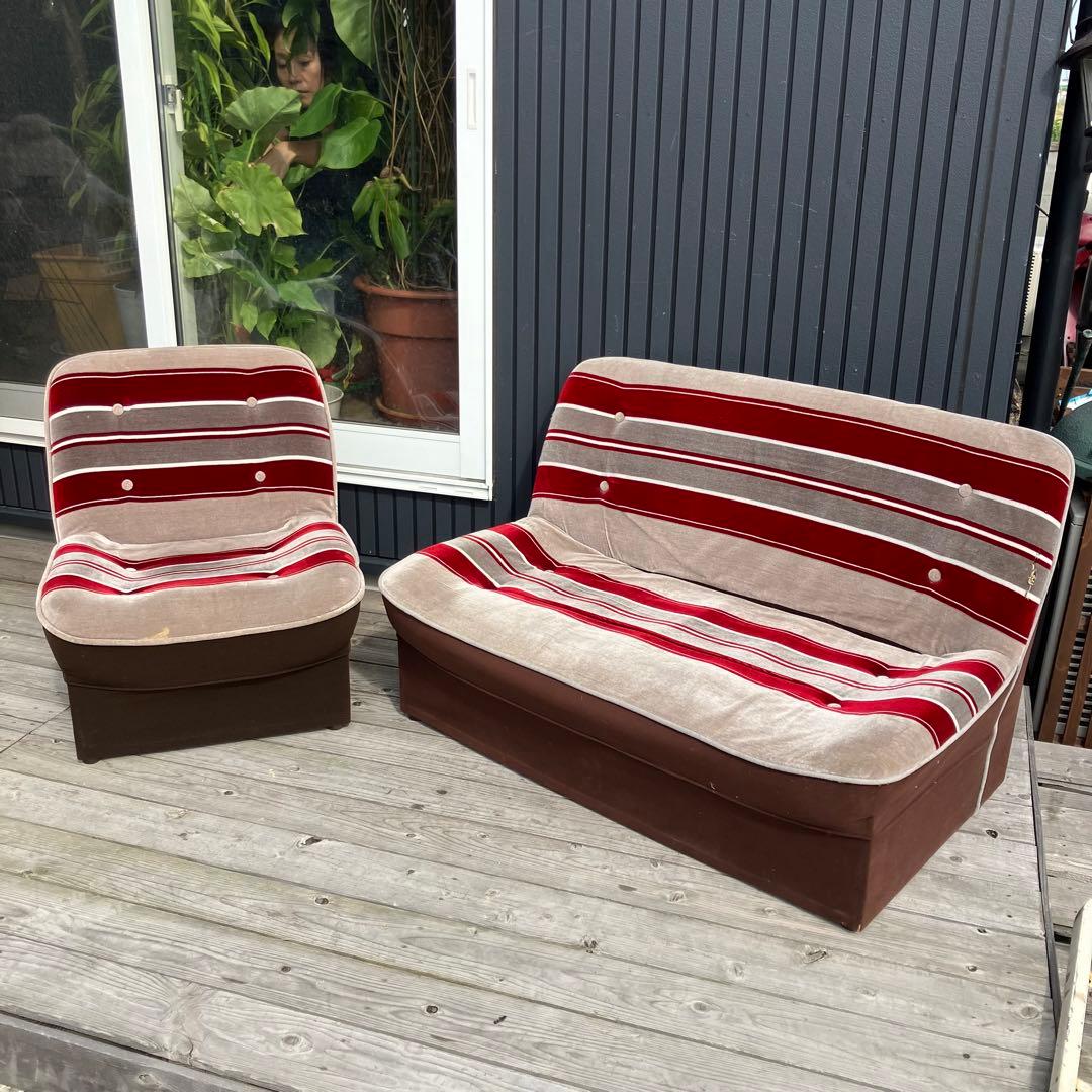 昭和レトロ ベロアストライプソファー  1人掛けソファー 当時物 ヴィンテージ