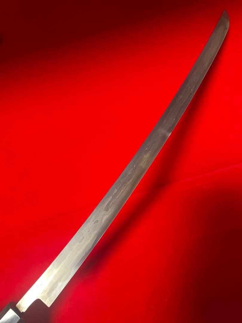 No.01352 包丁　マグロ包丁　先丸型　玉鋼製　燃え盛刃文　墨流　未使用品