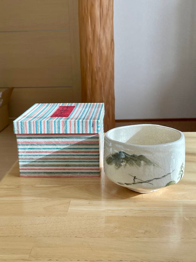 茶道具　抹茶碗　吉村楽入造 白楽　 山水紋　茶碗