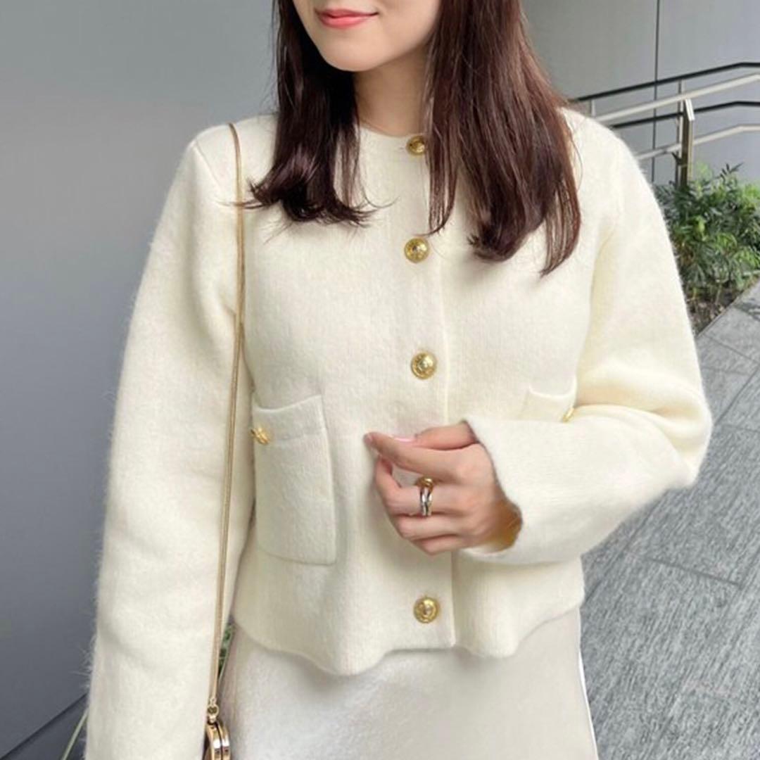 【新品】アニュアンス ラクーンブレンドノーカラーニットジャケット アイボリー