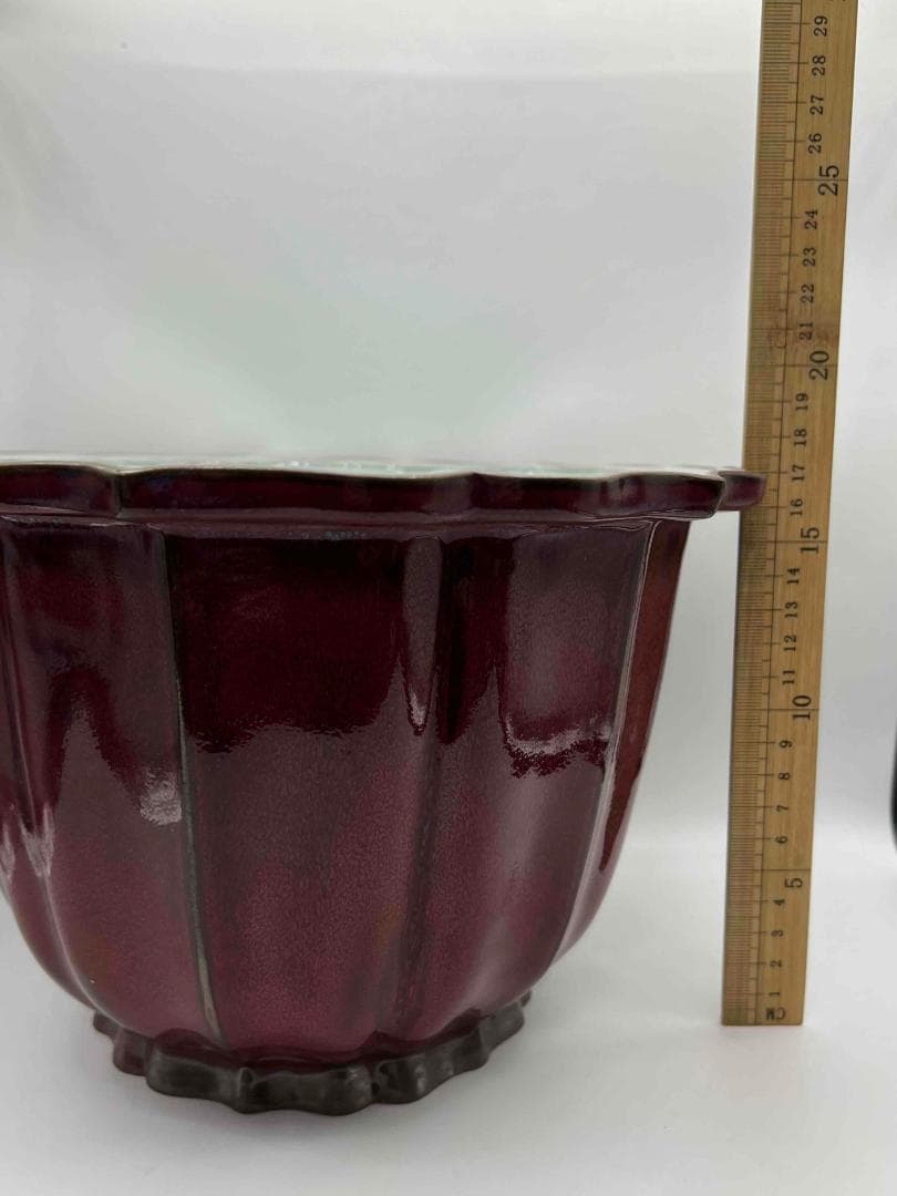 北宋時代 鈞窯　天青紫紅釉葵口盆　花入れ　鉢植え　窯変釉　辰砂(B-30)