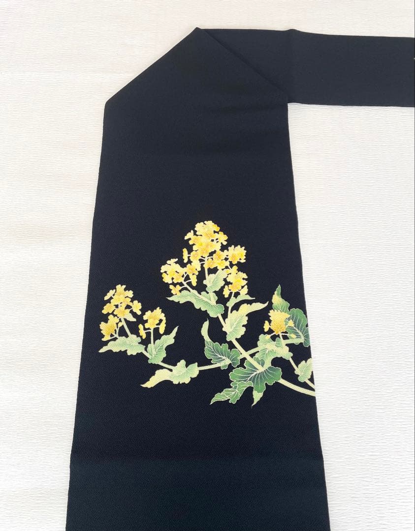【季節の染め帯】 菜の花 九千名古屋帯 浜ちりめん◇正絹 ブラック 未使用
