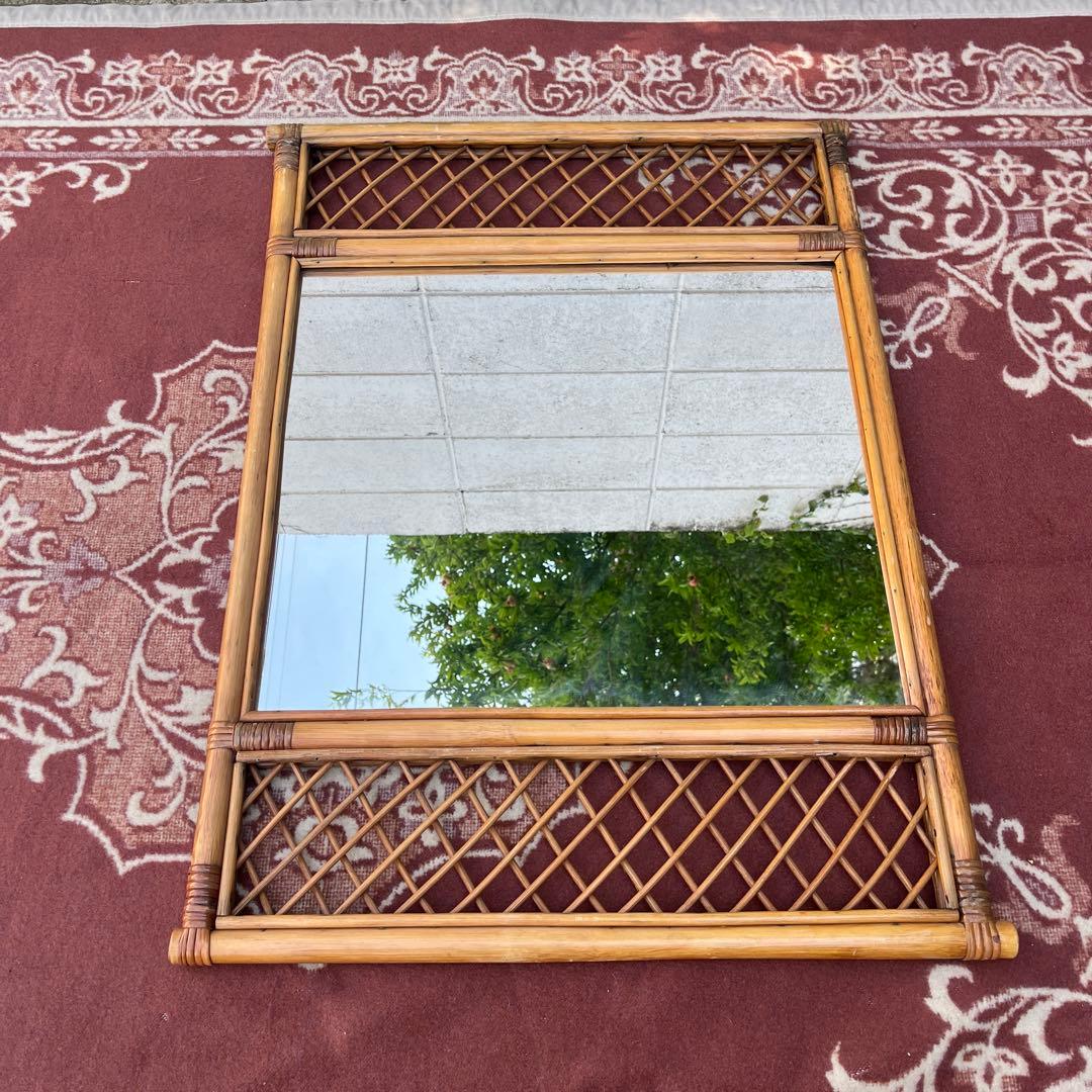 古雑貨ビンテージ品◾️籐ラタンパネル 壁掛けミラー ウォールミラー 鏡