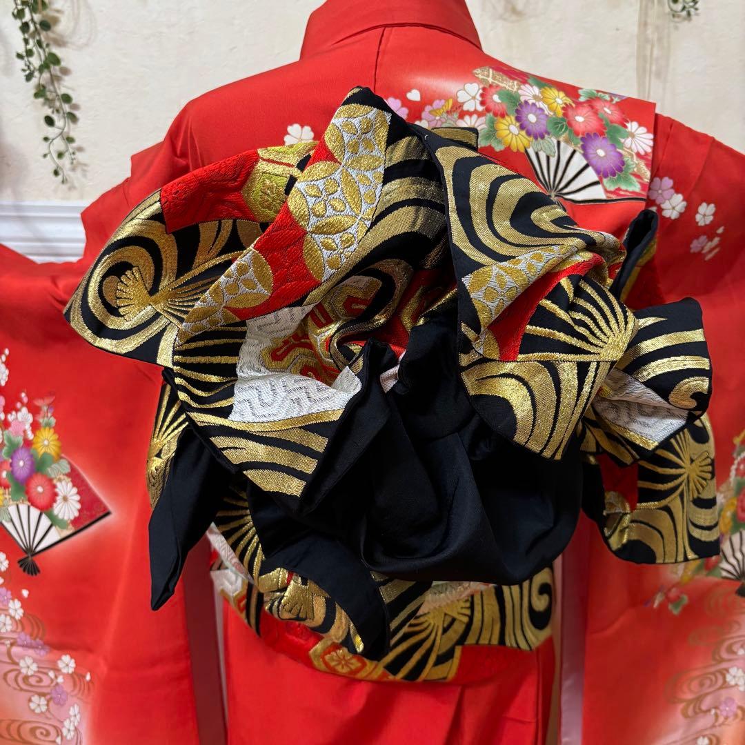 七五三 女子着物 7歳赤地暈し‼️豪華扇花々金彩金箔絢爛完全フルセット‼️