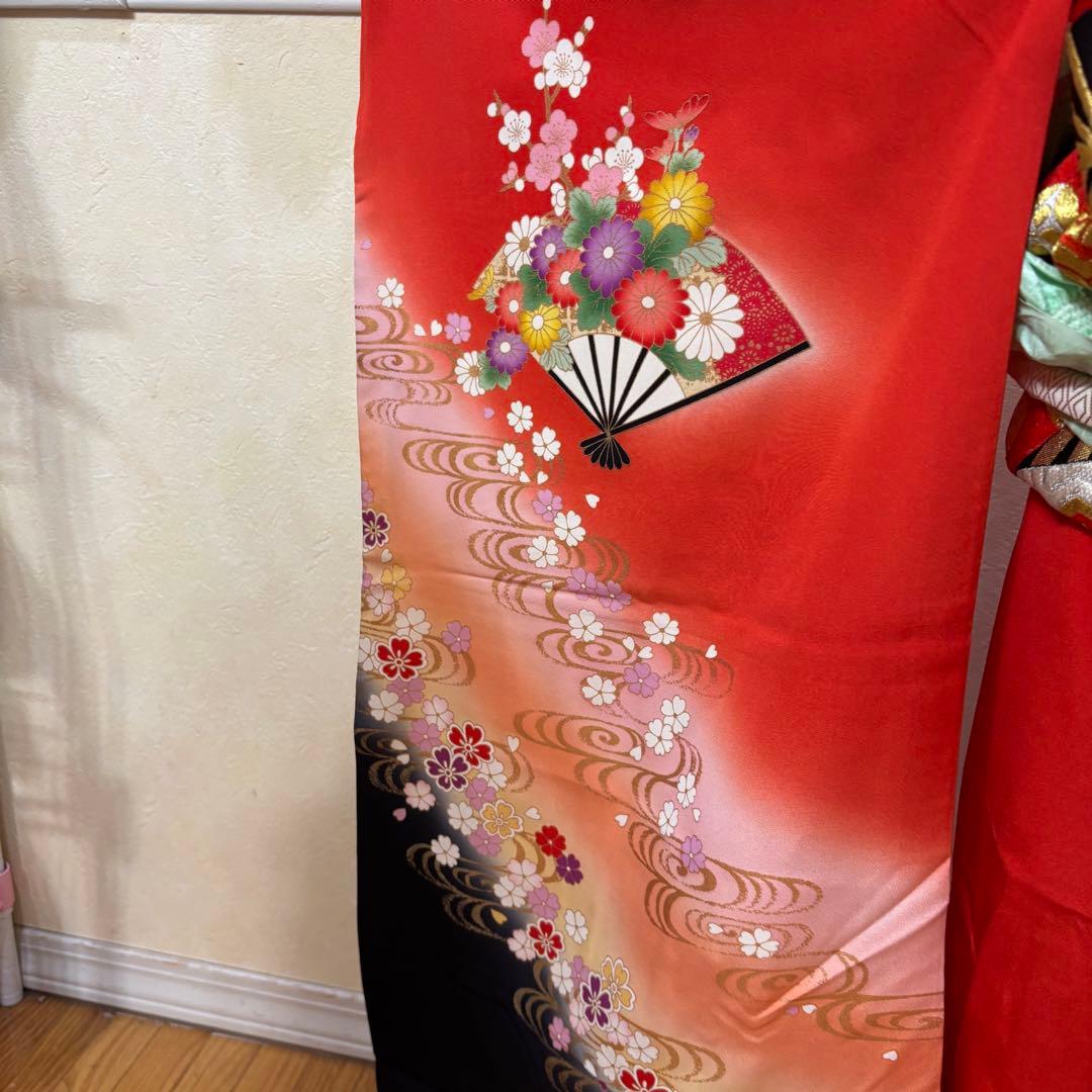 七五三 女子着物 7歳赤地暈し‼️豪華扇花々金彩金箔絢爛完全フルセット‼️