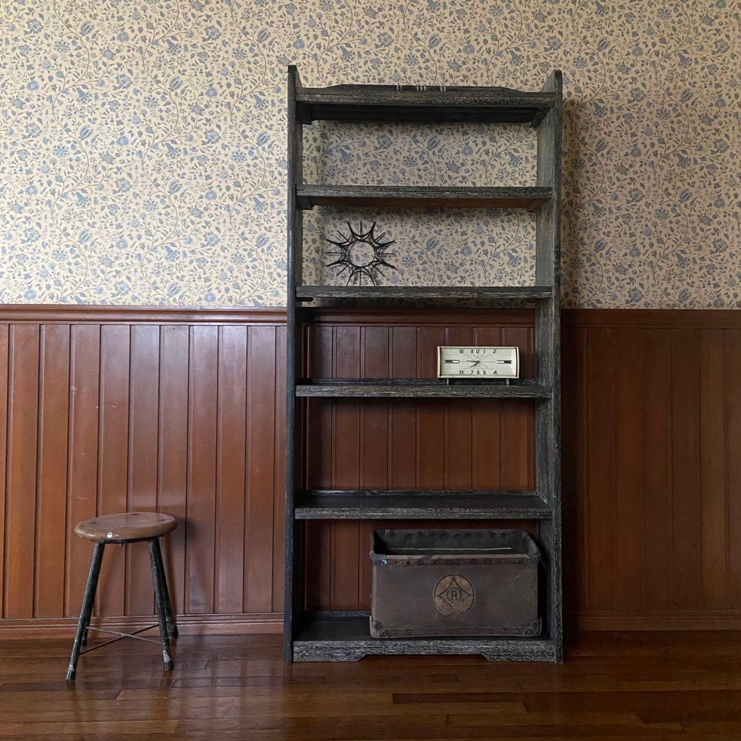 ビンテージ　木製本棚　オープンラック　シンプルブラック　6段　古い家具