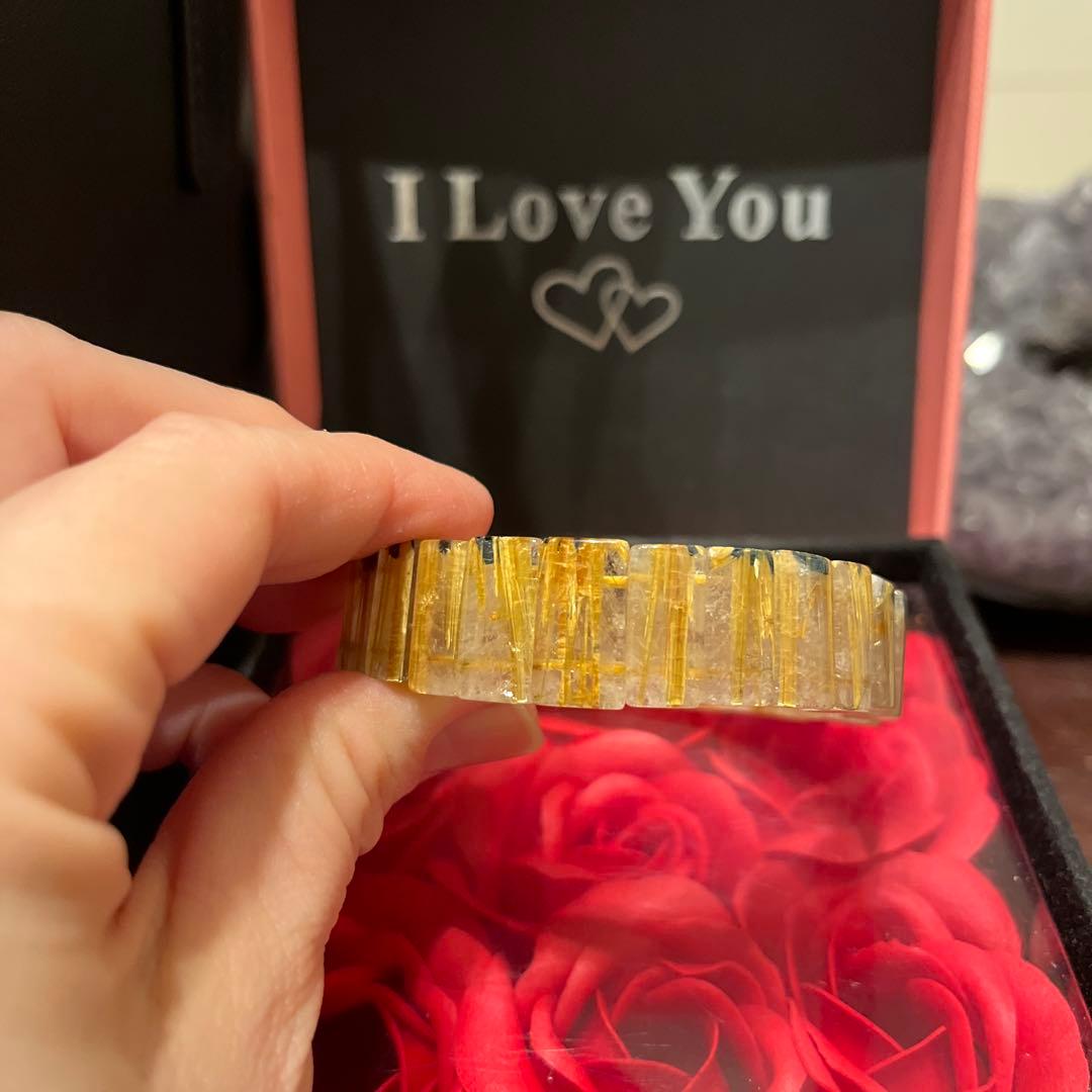 天然石ブレスレット　ゴールドルチルクォーツ　バングル　タイチンルチル