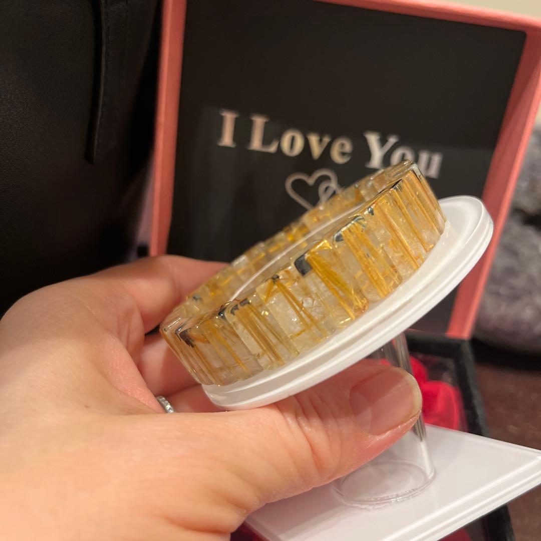 天然石ブレスレット　ゴールドルチルクォーツ　バングル　タイチンルチル