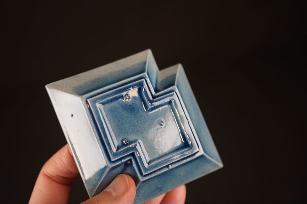 淡路珉平焼 青釉 花文 隅切角小皿 13客 / 角皿 向付 豆皿 懐石料理道具