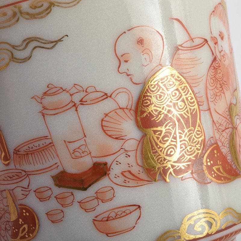 九谷焼　井上秋晴作　赤絵細密画　人物文　盃　ぐい呑み　共布共箱　M　R9169