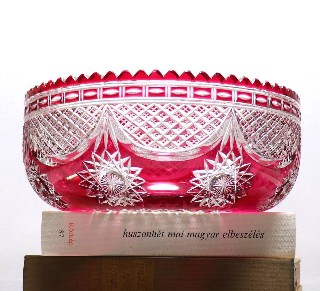 オールド・バカラ 1890年 美術館級 特大2.4kg 茜色被せ装飾丸型切子鉢