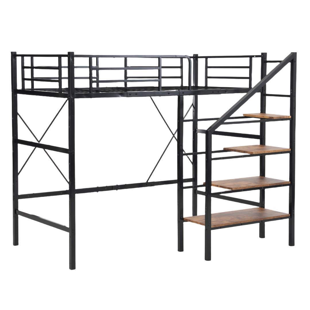 【シングル】システムベッド　階段付き　スチール　パイプベッドフレーム　BLACK