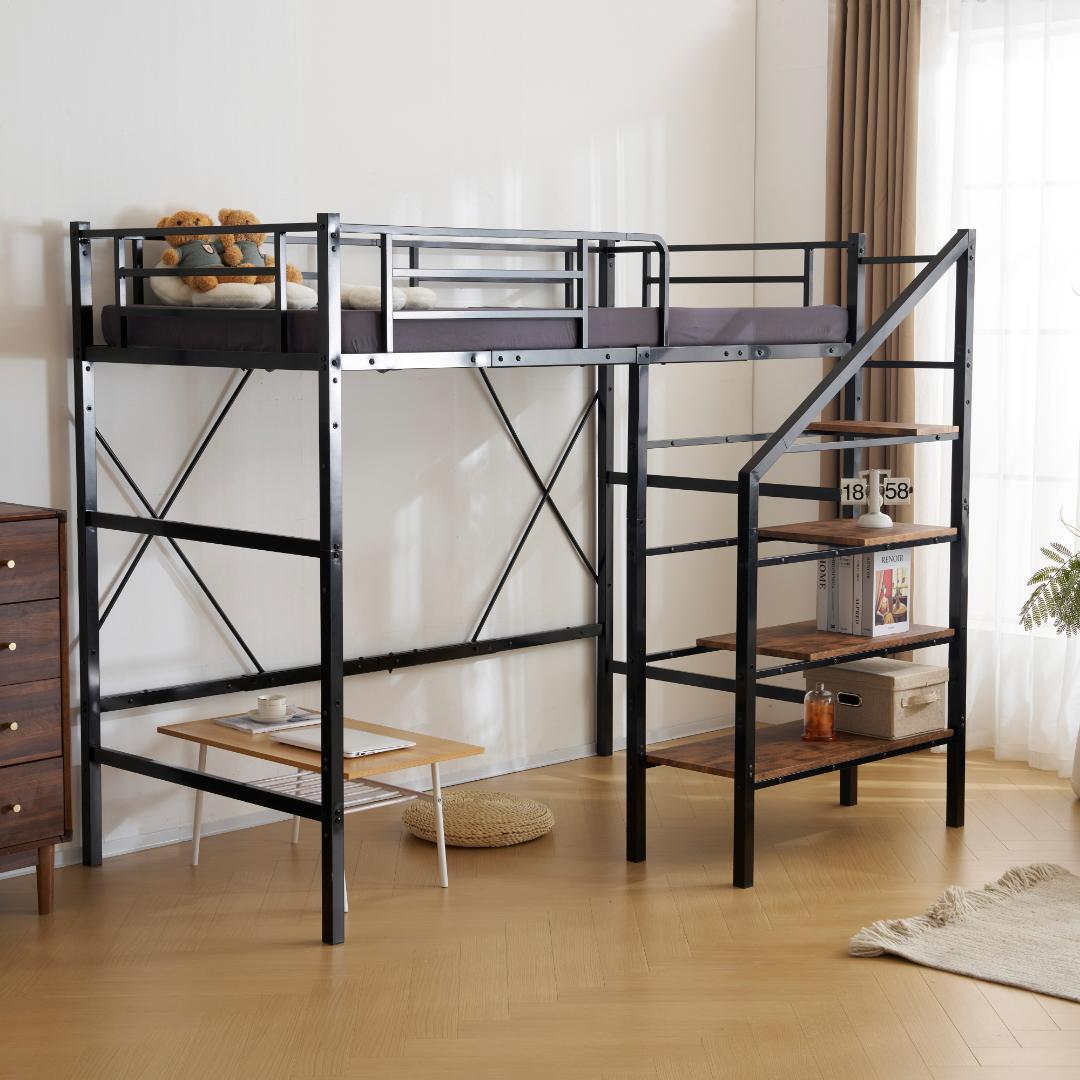 【シングル】システムベッド　階段付き　スチール　パイプベッドフレーム　BLACK