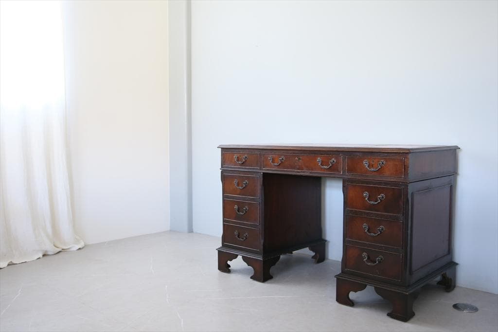 英国アンティーク木製両袖デスク/勉強机/テーブル/飾り棚/オフィス事務89-93