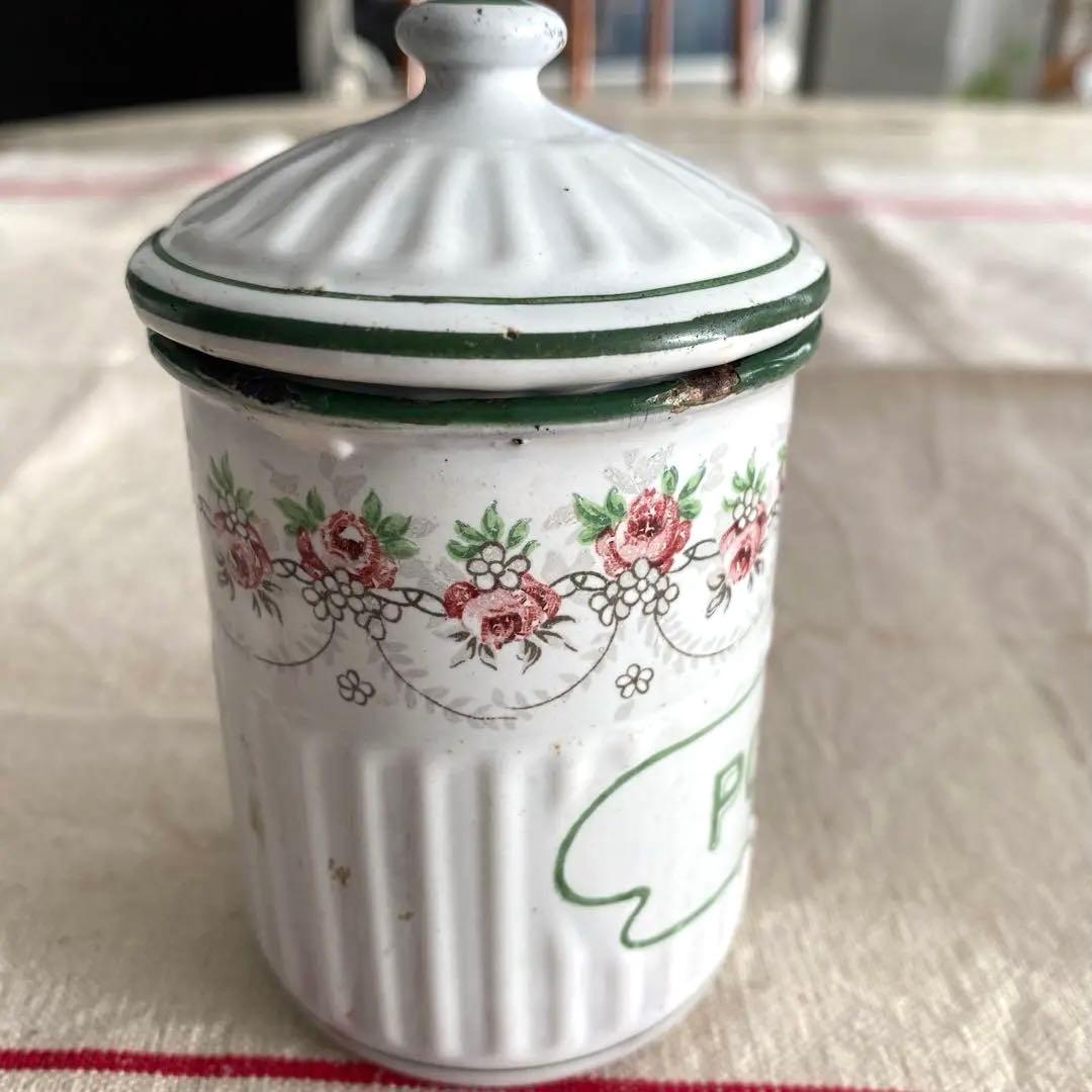 フランスアンティーク ホーロー キャニスター 【白】 ホワイトローズバンド