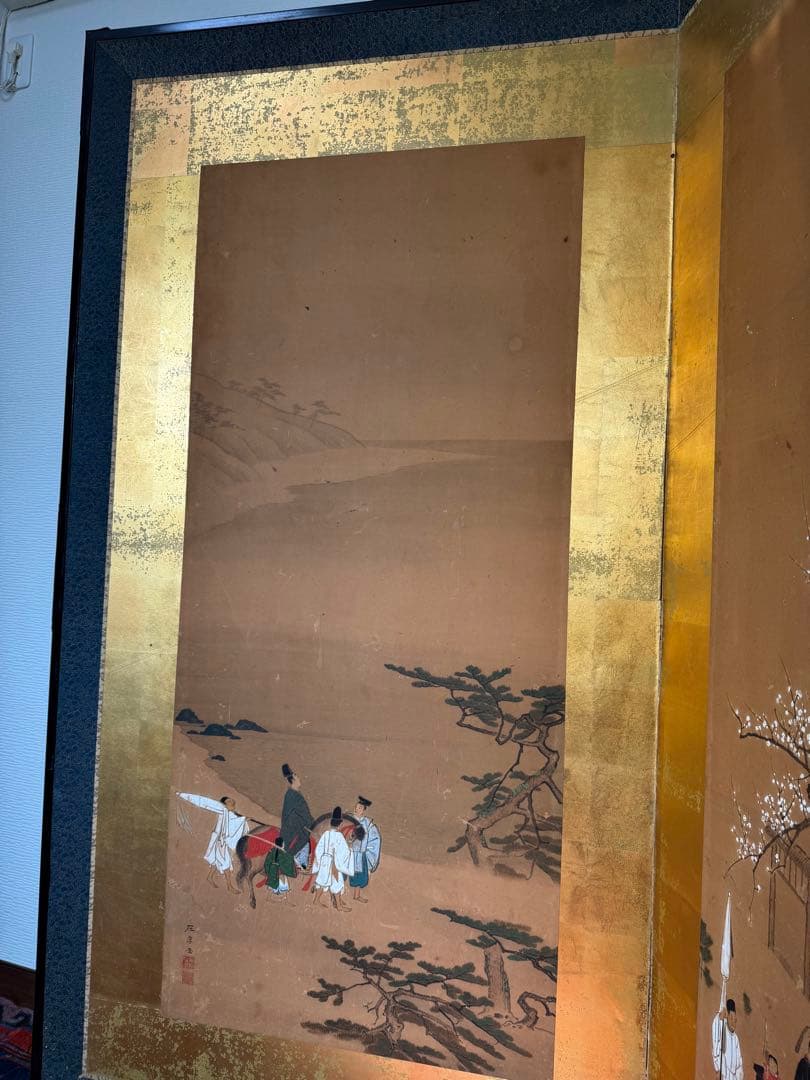 伝統的な日本屏風 大型 金屏風 二曲屏風 アンティーク