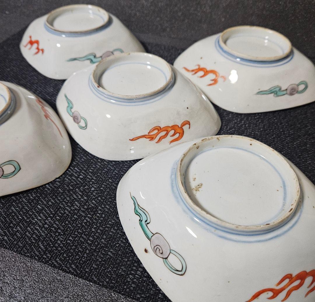 上作古伊万里❗】江戸時代末　古伊万里　錦手　菊花に波文　菱形皿5客　16.8cm