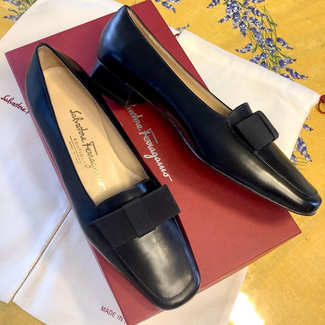 新品! フェラガモ リボンバレリーナ ブラック 極上カーフ 23.5㎝