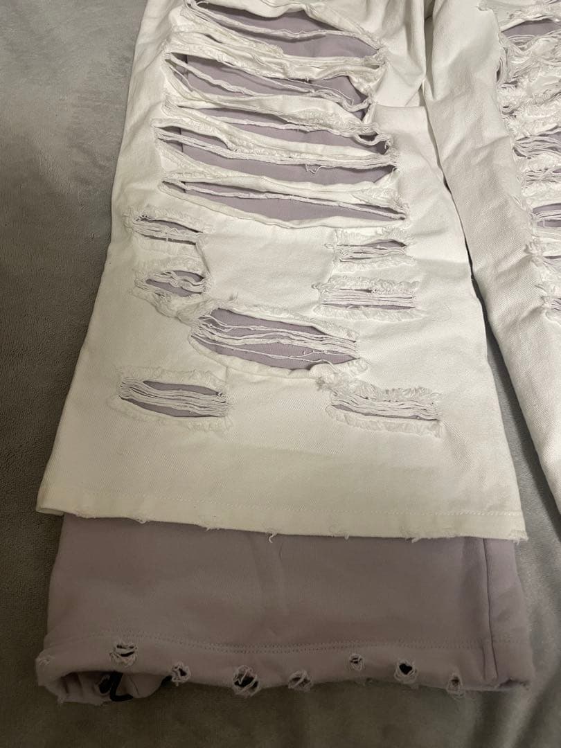 GRANCYスウェットドッキングデザインダメージバギーデニムパンツ ホワイト