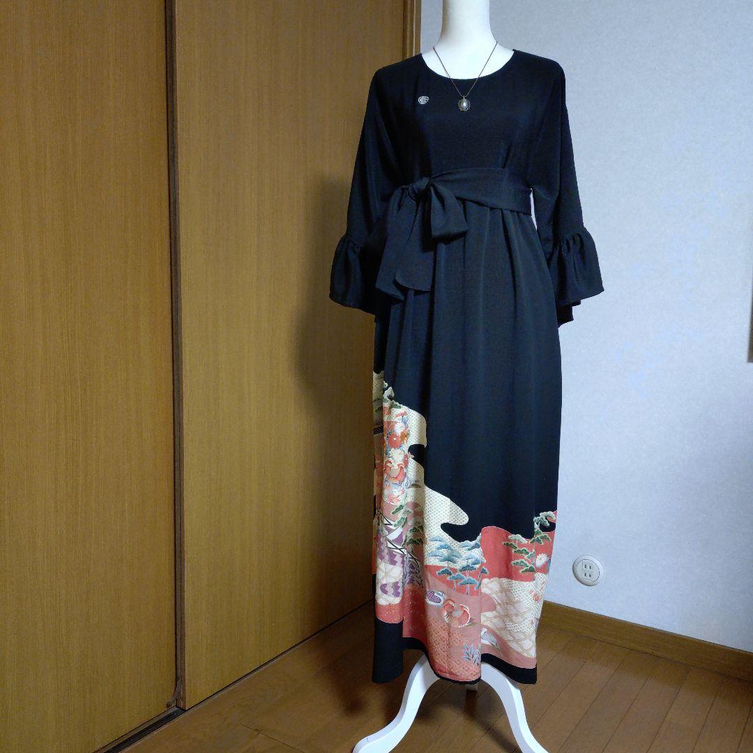 正絹留袖リメイク✤ゆったりロングワンピース✤フリル袖✤シルクのペチコート付