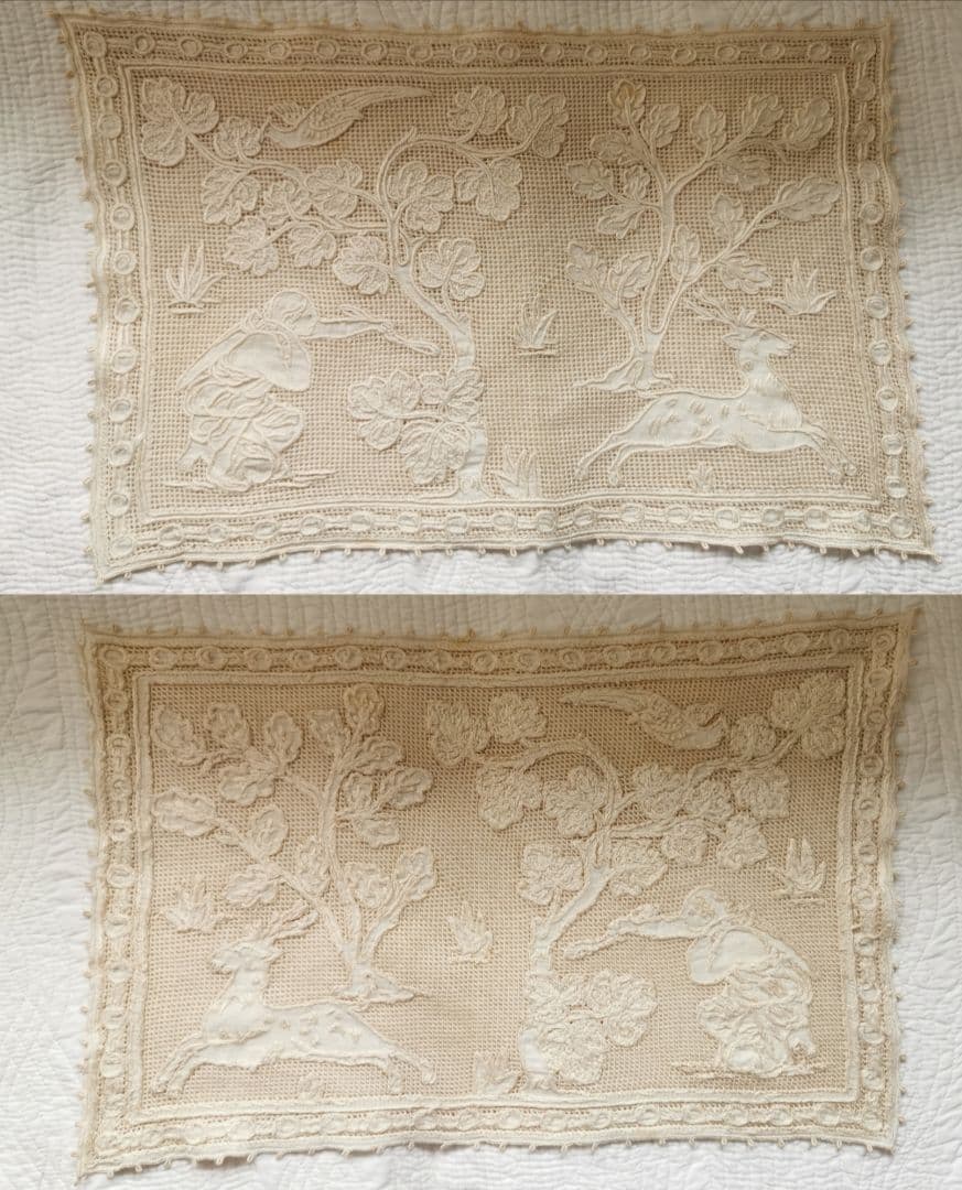 アンティークイタリア ブラットレース刺繍マット 神話の人物と男鹿と鳥 森林 古典