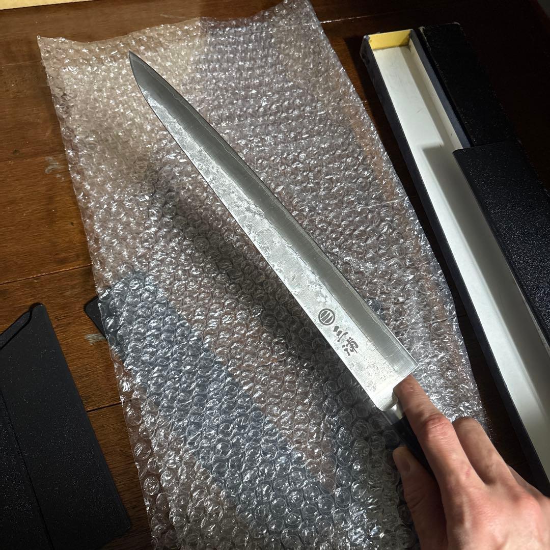 なう様用　銀三鋼 梨地模様 筋引刃渡　約270mm 黒ハンドル