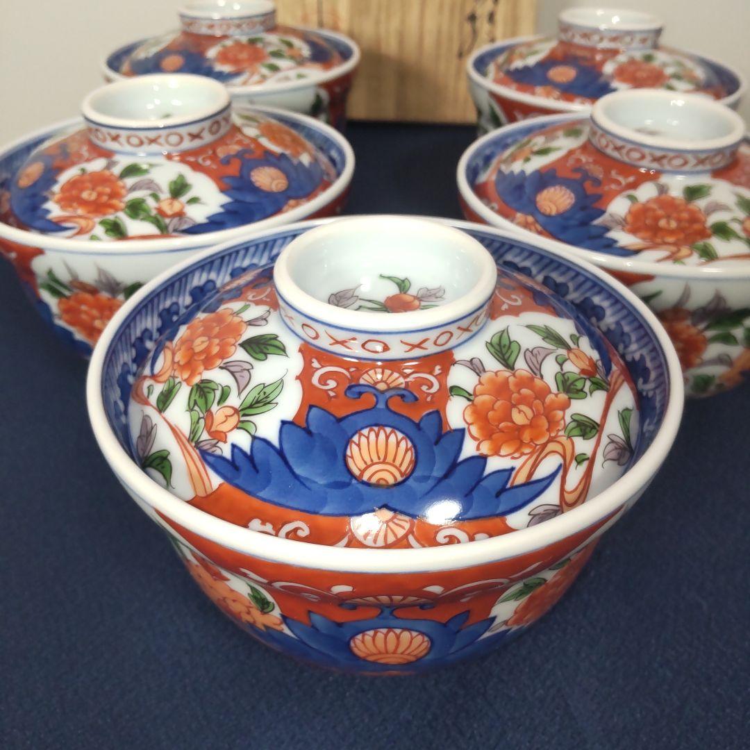 源右衛門 古伊万里 丼 小どん どんぶり 蓋付き 牡丹 染錦 染付 5客 木箱