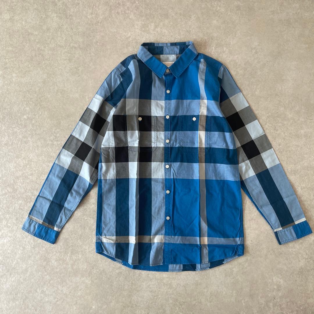 極美品BURBERRY children 14Y 164cm チェックシャツ青