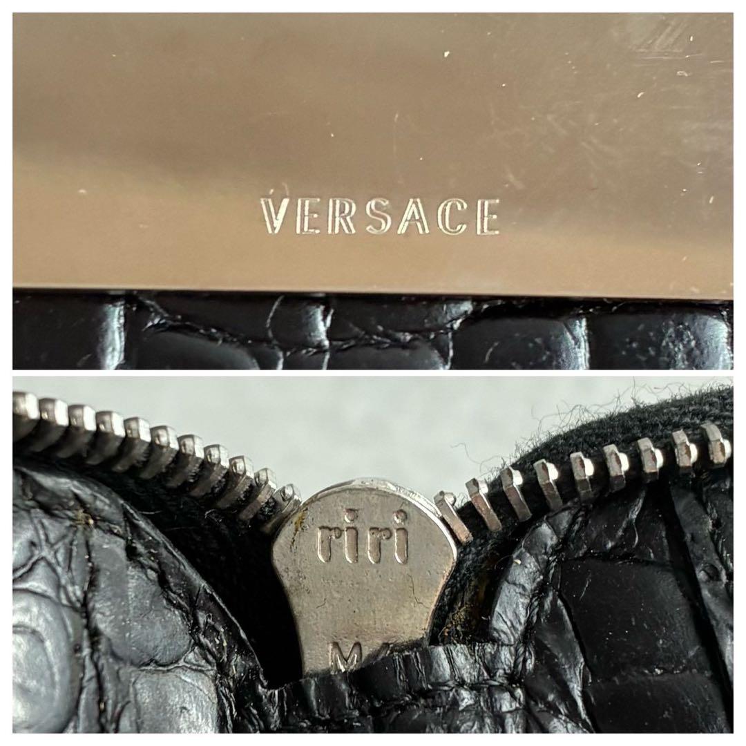 美品★ヴェルサーチ クロコ型押し スタッズ チェーンショルダーウォレット 黒