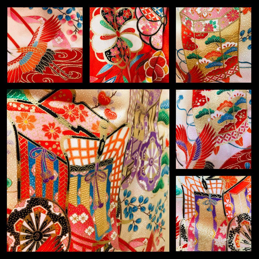 七五三7歳❣️人気赤地暈し古典柄❣️御所車鶴玉で箱金彩際立つ完全フルセット銘品