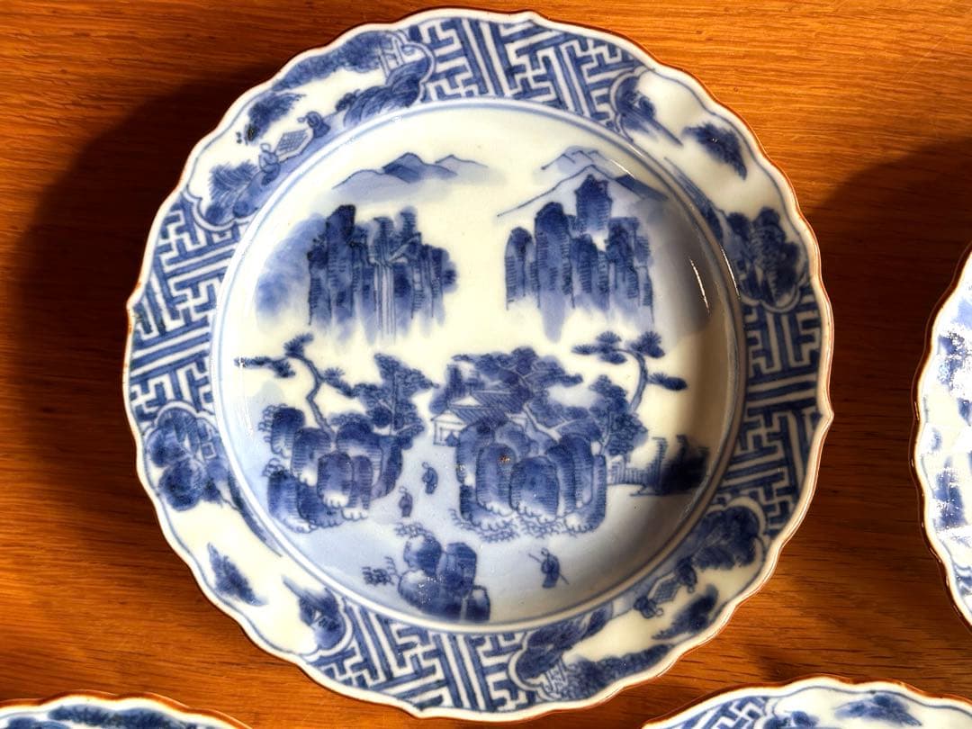 古伊万里　祥瑞　呉須　染付　山水人物紋　向付　5客セット　中皿　銘々皿