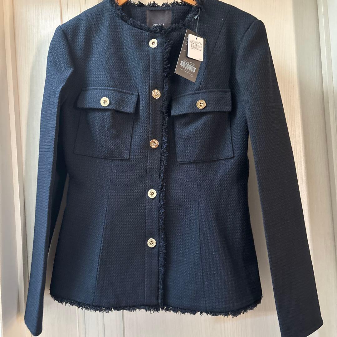 完売　アニュアンス　ツイードノーカラーフォルムジャケット　ネイビー